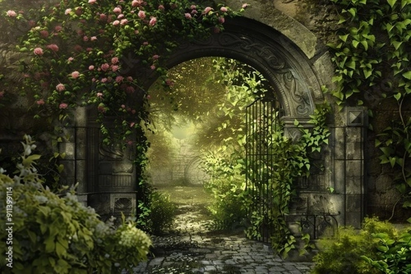 Fototapeta Enchanting garden gate adorned with lush foliage and blooming flowers, inviting visitors to explore its serene path.
