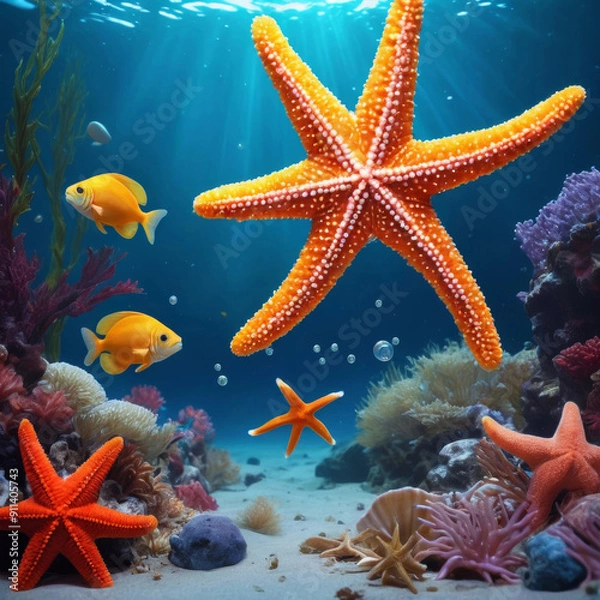 Fototapeta Starfish under water at 
the coral reef
with exotic fishes. Underwater world of the ocean.
Algae, corals and sea anemones on the seabed.
