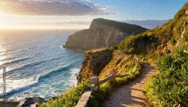 Fototapeta Sunlit Cliffside Path with Stunning Ocean Views
