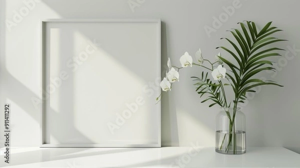 Fototapeta A white frame sits on a table, with a vase of orchids and greenery in front of it. Sunbeams cast shadows on the wall behind.