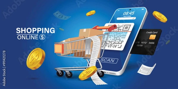 Obraz Bill of expenses is on mobile phone.Pay bills with mobile phone.Online shopping spending.Online shopping via smartphone.Bill payment flat isometric vector concept of mobile payment, shopping, banking.