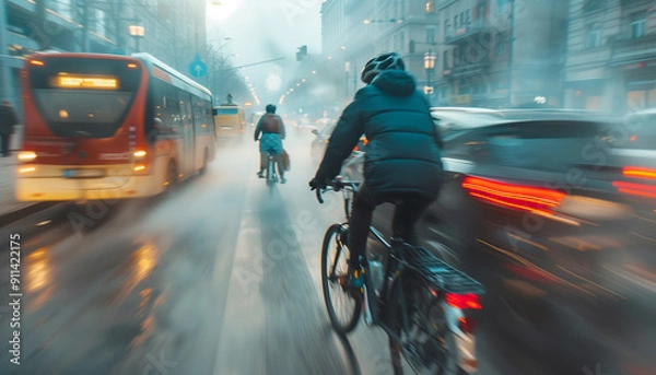 Obraz Cyclistes en vélo dans un air pollué qui roulent sur la route dans le trafic et les embouteillages