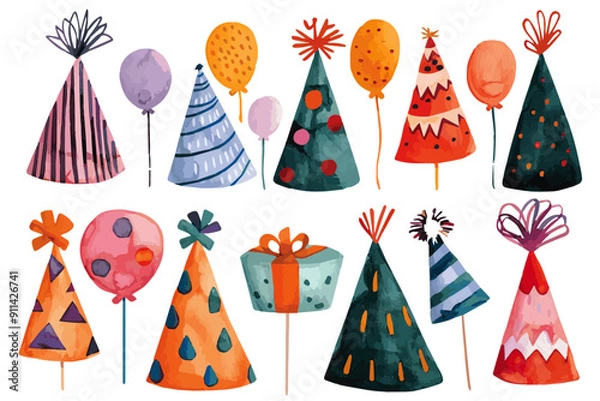 Fototapeta Set of watercolor party hats and balloons with whimsical designs, ideal for festive and birthday celebrations. Colorful Party Hats and Balloons Watercolor Set

