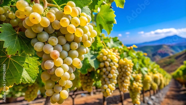 Fototapeta "White Grapes on Marmajuelo/Bermejuela Vines in Güímar Vineyard, Tenerife – Canary Islands" generative ai