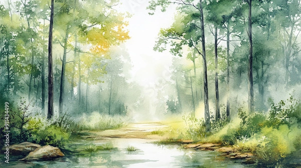 Fototapeta Watercolor landscape of a tranquil forest Water color on white background