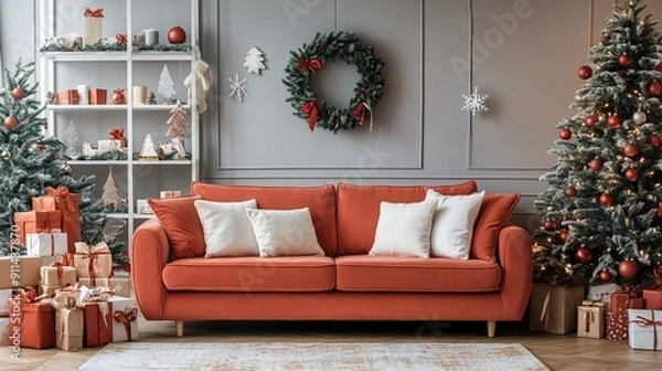 Obraz Festive living room adorned with Christmas trees, wreath, and decorations, centered by a cozy orange sofa with white pillows, creating a warm holiday atmosphere.