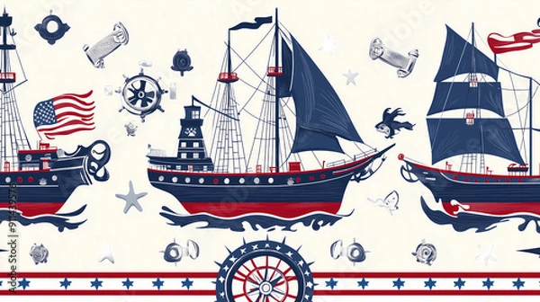 Fototapeta white background with a blue and red nautical border, featuring ship's wheel silhouettes, a ship silhouette, an anchor pattern, nautical stripes, and a marine theme