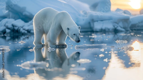 Fototapeta Wild polar bear is standing on ice with snow and staring at his reflection in the ice. Wildlife nature. Effects of climate change. Global warming.