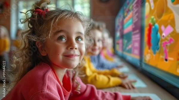 Fototapeta A group of children engaged in a math lesson using interactive whiteboards