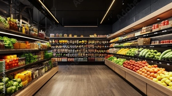 Obraz Image depicts a modern grocery store aisle stocked with fresh vegetables, fruits, bottled juices, and various packaged goods. The setup is well-lit, organized, and detailed.
