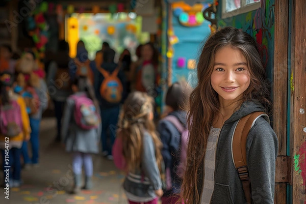 Fototapeta A girl with long hair stands in front of a group of children