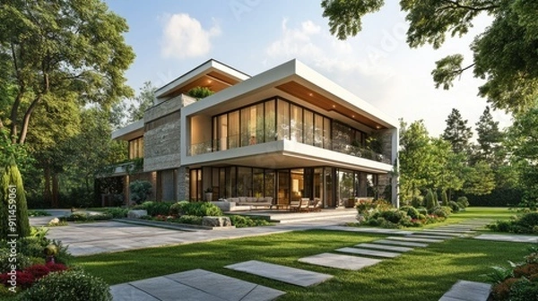 Fototapeta Architectural design of a villa house with a modern facade and lush green surroundings, emphasizing elegance and luxury.