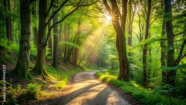 Fototapeta A Tranquil Pathway Illuminated by the Golden Rays of Sunlight  generative AI