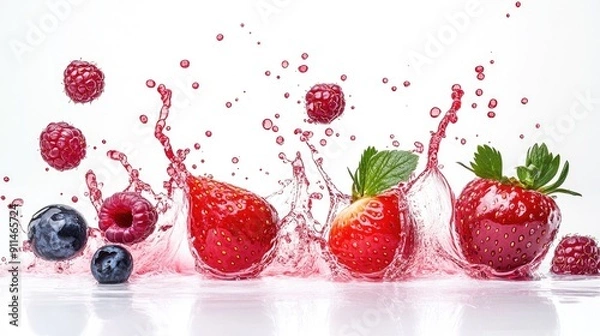Fototapeta Different berries and dynamic juice splashes, set against a white background, highlighting the vitality.