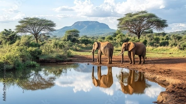 Fototapeta Elephants at a waterhole in Tsavo East National Park, Kenya, with their reflections visible in the water and the surrounding landscape.