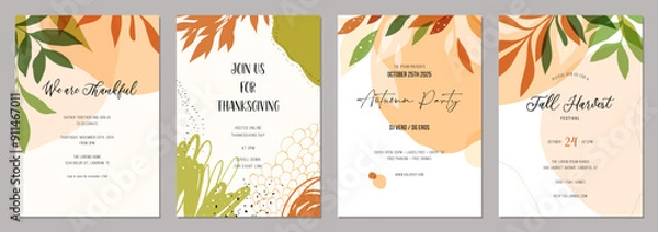 Fototapeta Trendy abstract templates in warm colors, perfect for fall wedding, birthday and thanksgiving invitations, menus and baby showers. Vector illustration with leaves, floral and geometric elements.