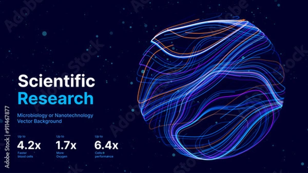 Fototapeta Abstract Science Cell Scientific Medical Research Background. Blue 3D Sphere Backdrop Particles Effect. Futuristic Chemistry Physics Microbiology Concept. Tech BG Vector Illustration.