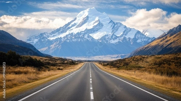 Fototapeta Empty road leading towards snow-capped peaks with a sky full of clouds, showcasing natural beauty.