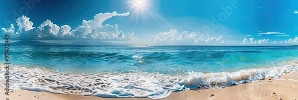 Fototapeta tranquil and beautiful seaside landscape. The centerpiece of the image is the vast ocean, with clear, blue water.