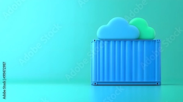 Obraz Blue shipping container with cloud shapes, symbolizing cloud computing and technology on a vibrant turquoise background.