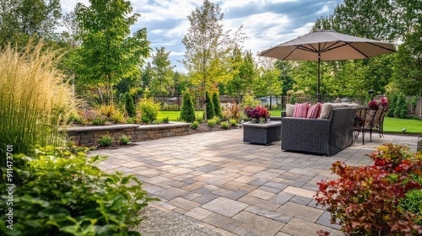 Fototapeta Patio area with stone brick block paving, showing the elegance and versatility of the paver floor.