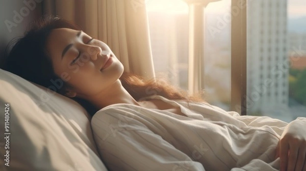 Fototapeta Simple lifestyle, Asian woman wakes up from good sleep on weekend morning, takes some rest, relax in comfortable bedroom at hotel window, happy lazy day, comfortable, dreaming