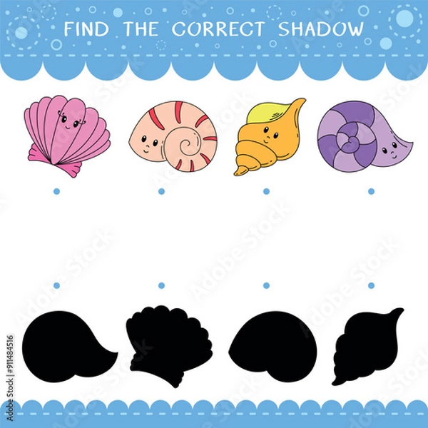 Fototapeta Find the correct shadow for seashells. Vector worksheet of simple educational game for kids