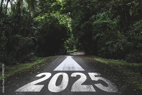 Fototapeta New year 2025 or straight forward concept. Text 2025 written on the road in the forest. Concept of planning, goal, challenge, new year resolution..
