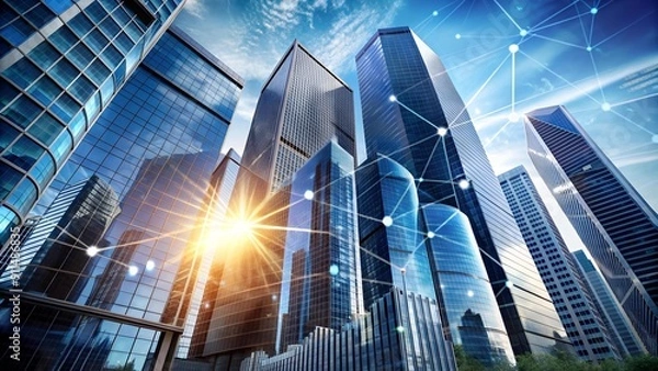 Fototapeta Abstract cityscape skyline with towering glass buildings reaching for the sky, symbolizing ambition and growth in the cor  generative AI