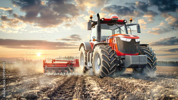 Fototapeta A modern tractor skillfully plows a field under a stunning sunset, creating dust clouds that dance in the warm light of the evening