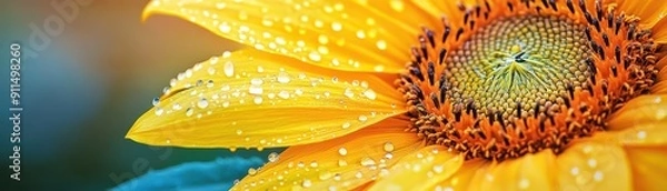 Obraz Sunflower Petals: Macro Shot with Dew Drops in Watercolor Style