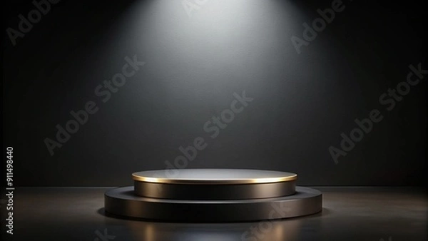 Fototapeta Black podium or pedestal display on dark background with long platform. Blank product shelf standing backdrop. 3D rendering.
