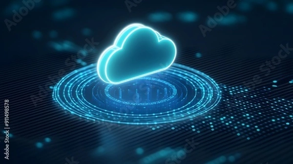 Fototapeta Futuristic cloud computing concept with digital cloud icon over a virtual grid, representing data storage and technology solutions.