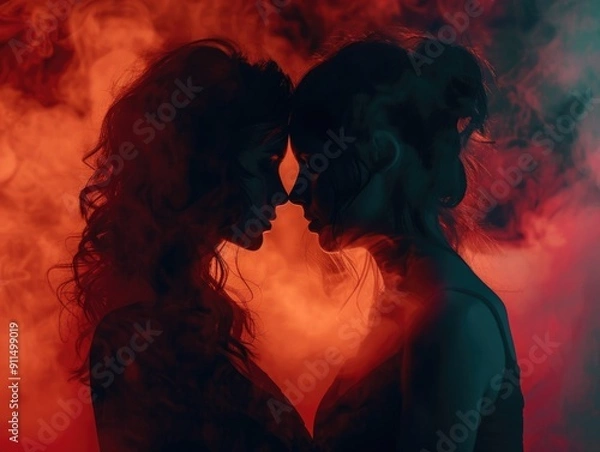 Fototapeta A couple standing together in front of a bright red background, conveying love and passion