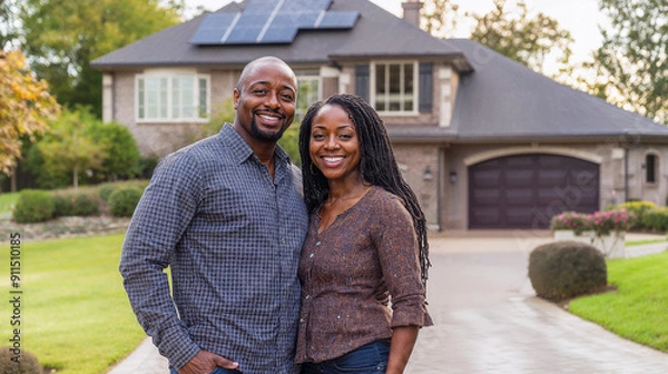 Obraz Happy black couple standing in the driveway of their house smiling, solar panels on roof, sunny weather