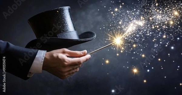 Fototapeta A magician's hand holds a magic wand and black top hat with a star light effect on a grey background