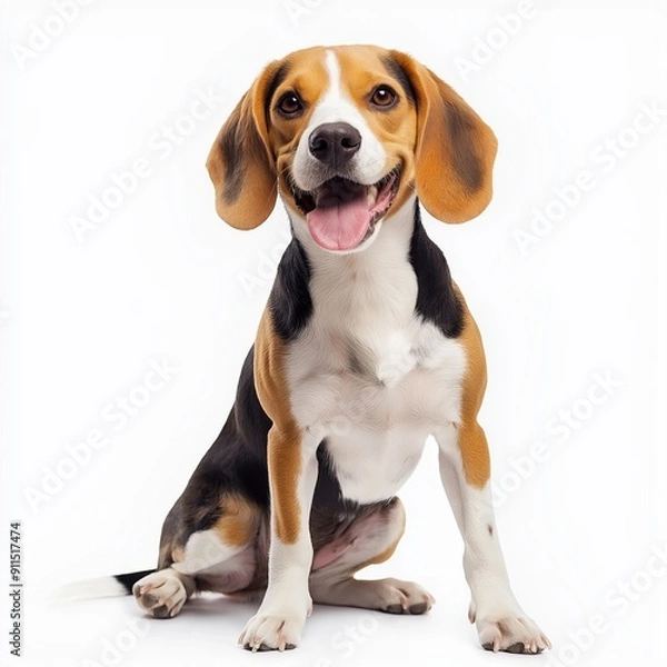 Obraz Happy beagle dog collection (sitting, standing, portrait, lying) isolated on a white background, animal bundle