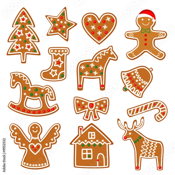 Fototapeta Christmas cookies collection with gingerbread and cookies figures isolated on white background - xmas tree, candy cane, angel, bell, sock, gingerbread men, star, heart, deer, rocking horse