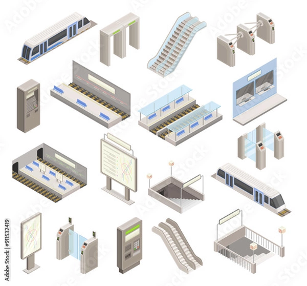 Obraz Isometric Metro Station Element Collection with Train, Escalator and Map Vector Set