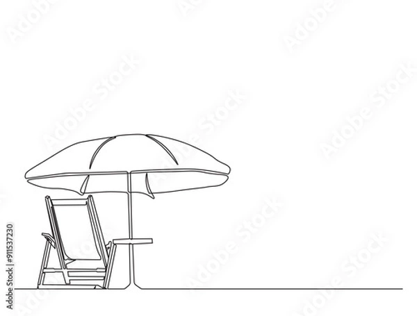 Fototapeta Simple continuous one line drawing of sunbed. Beach umbrella and chair for summer holiday , vacation concept. Editable line vector