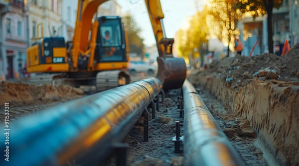 Fototapeta construction site, pipe laying in the street, yellow excavator in the background, blurred background, focus at the front end of long metal water pipes