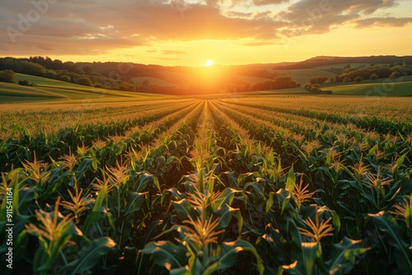 Fototapeta Aerial view of an autumn cornfield with golden yellow crop in the countryside at sunset.