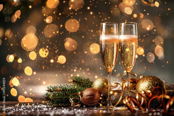 Obraz Two elegant champagne flutes sit amidst festive decorations and twinkling lights, creating a magical celebration. Happy New Year