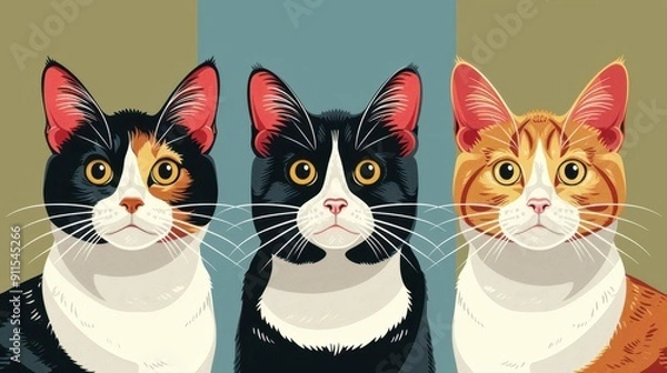 Obraz A colorful of three cats with distinct fur patterns, capturing their unique personalities and charm.