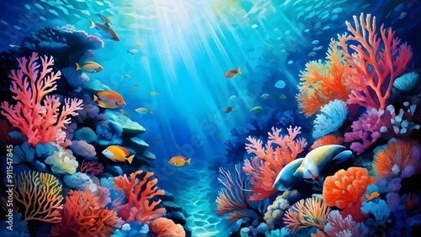 Fototapeta coral reef with fish in sea background