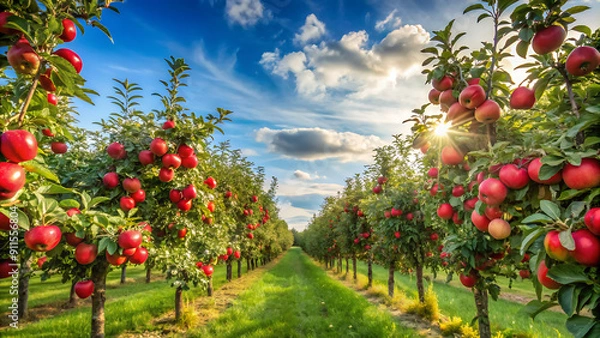 Fototapeta Apple orchard with red ripe apples on branches.Two rows of apple trees full of fruit seen under a blue sky nearly ready for picking.Apple orchard.Morning shot. generative ai