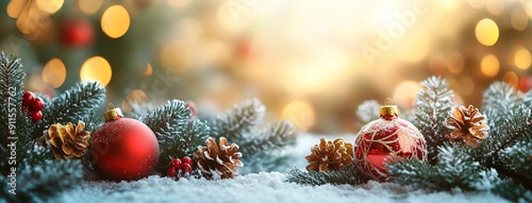 Fototapeta Wide panoramic Xmas décor background banner, gold and red color Christmas balls, pine christmas tree branches and snow 