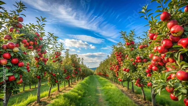 Fototapeta Apple orchard with red ripe apples on branches.Two rows of apple trees full of fruit seen under a blue sky nearly ready for picking.Apple orchard.Morning shot. generative ai