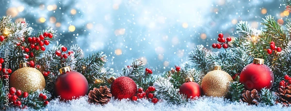 Fototapeta Wide panoramic Xmas décor background banner, gold and red color Christmas balls, pine christmas tree branches and snow 