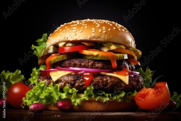 Fototapeta A delicious cheese burger with lettuce and tomato on a sesame seed bun.